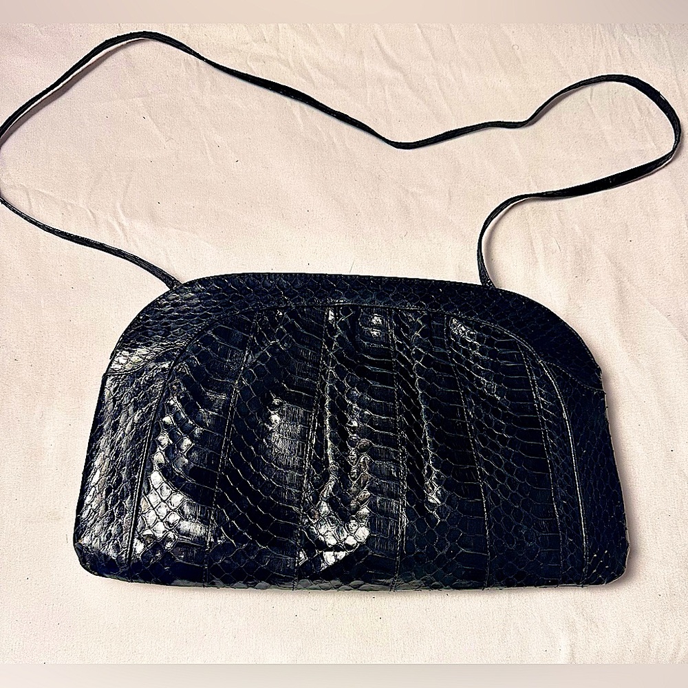 MORRIS MOSKOWITZ Vintage Black Reptile Snakeskin Print Clutch Shoulder Bag